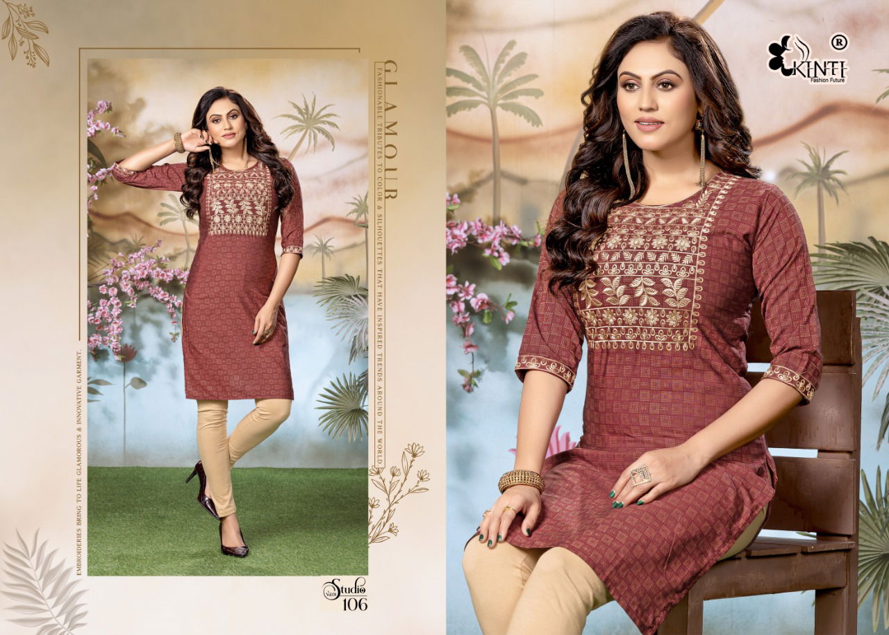 Kinti Studio 1 Fancy Regular Wear Cotton Embroidery Kurti Collection